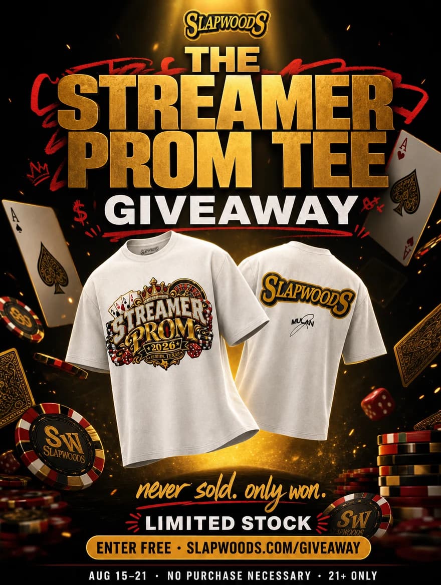 The Streamer Prom Tee Giveaway — never sold, only won. Enter free at slapwoods.com/giveaway. Aug 15–21, no purchase necessary, 21+ only.