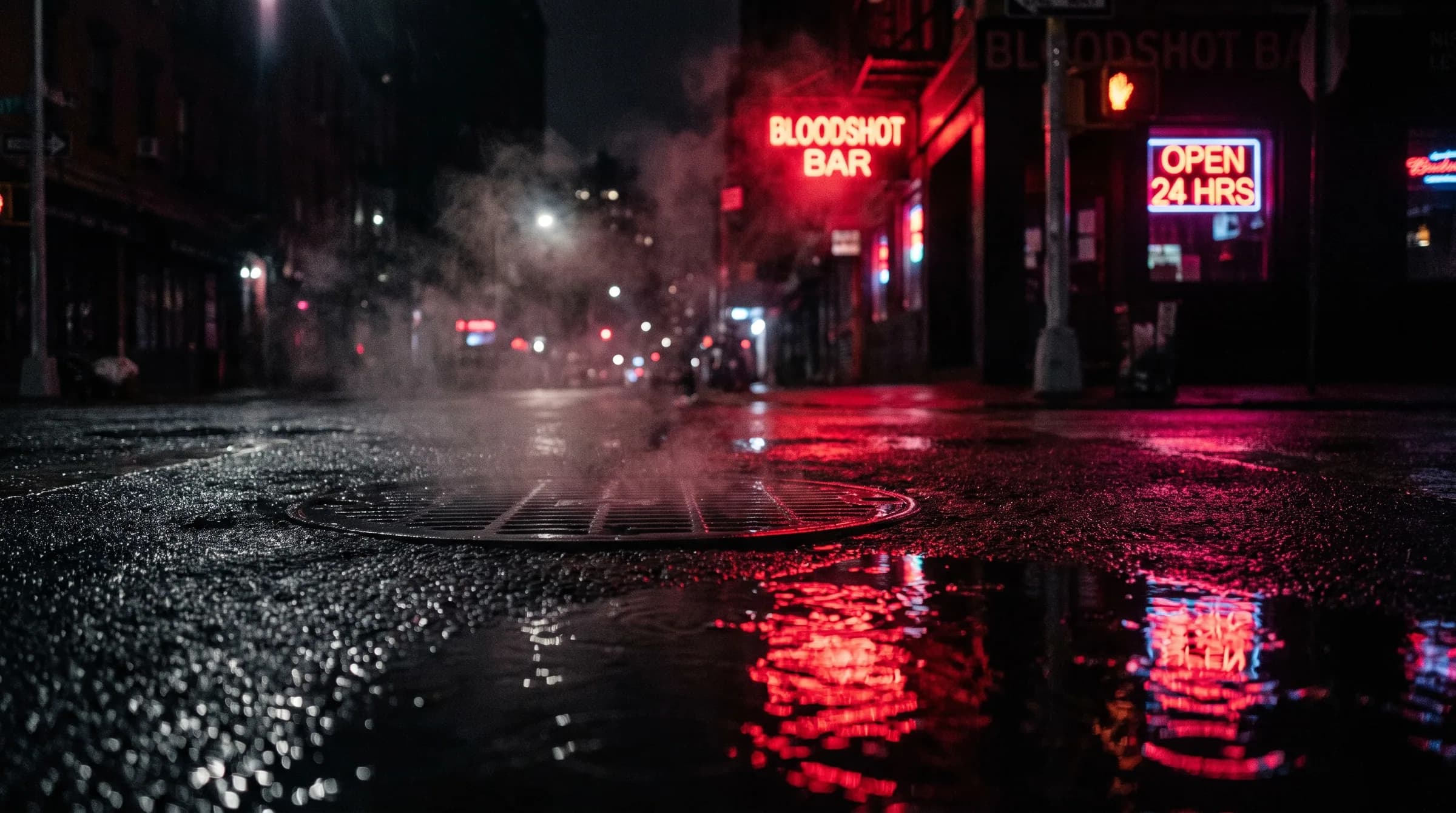 A wet street at night lit red by a bar sign, steam rising off a grate