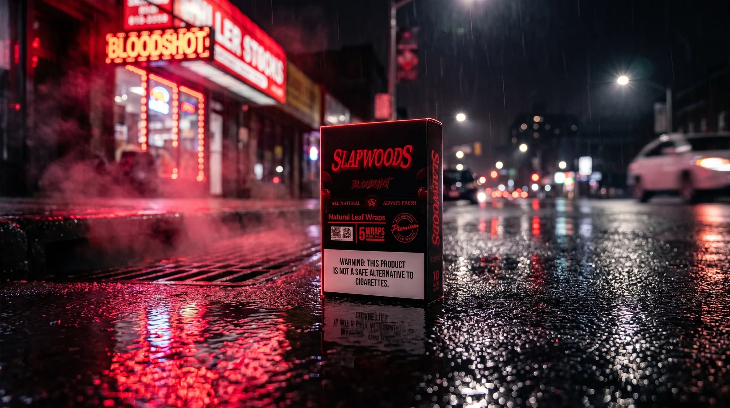 Slapwoods Bloodshot wraps on wet asphalt under the bar's neon