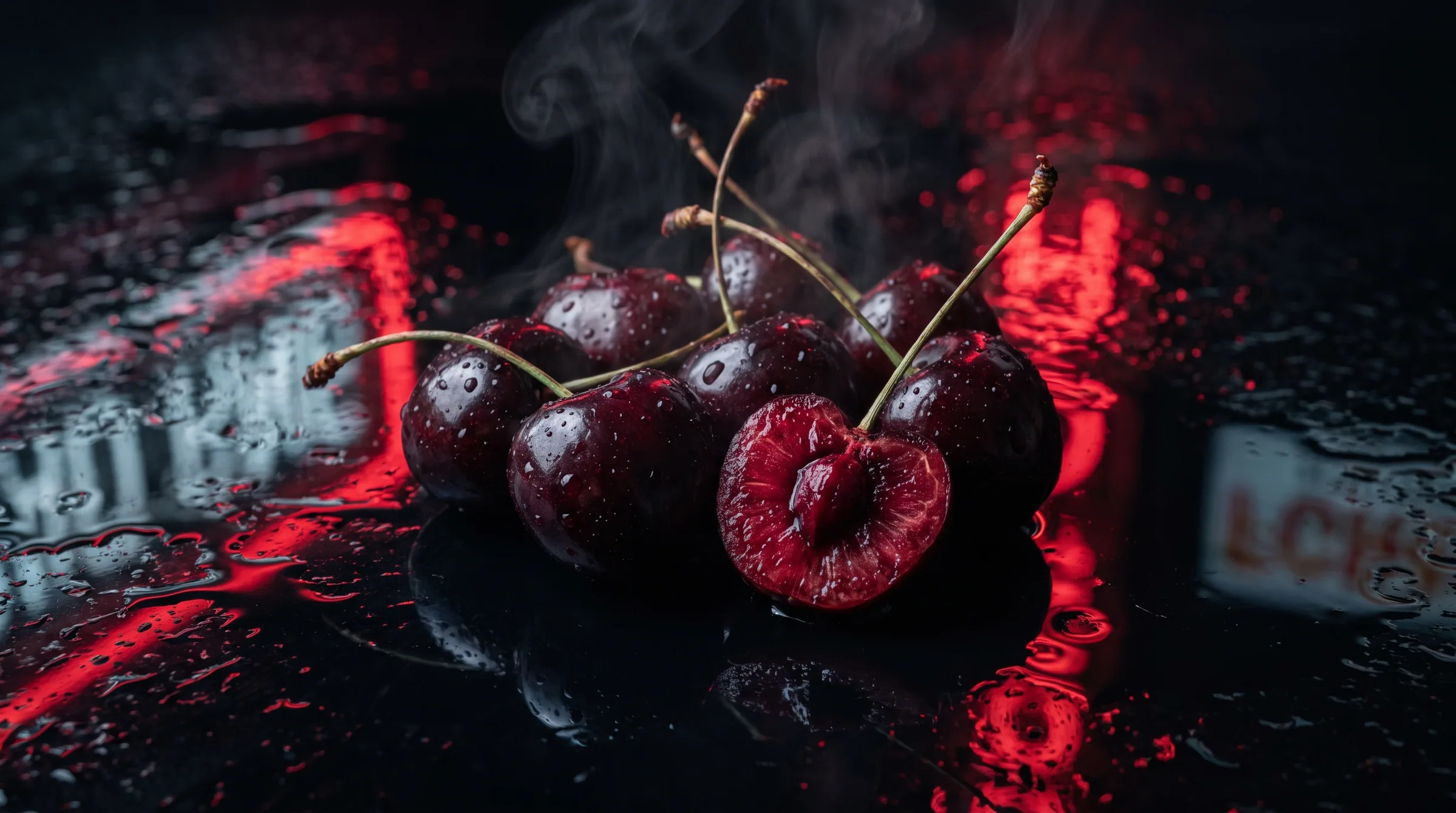Black cherries, wet and split, lit by red neon