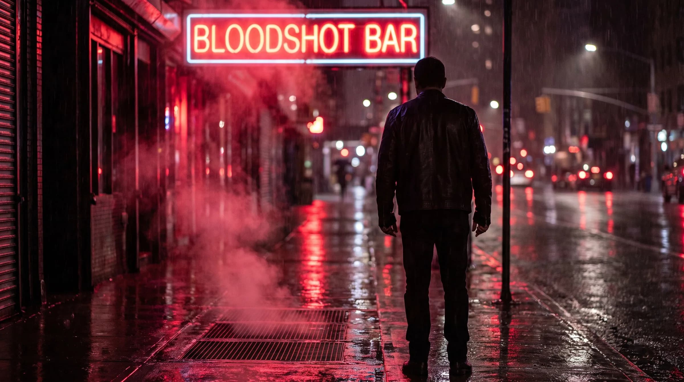 A figure stopped on the sidewalk under a neon bar sign in the rain