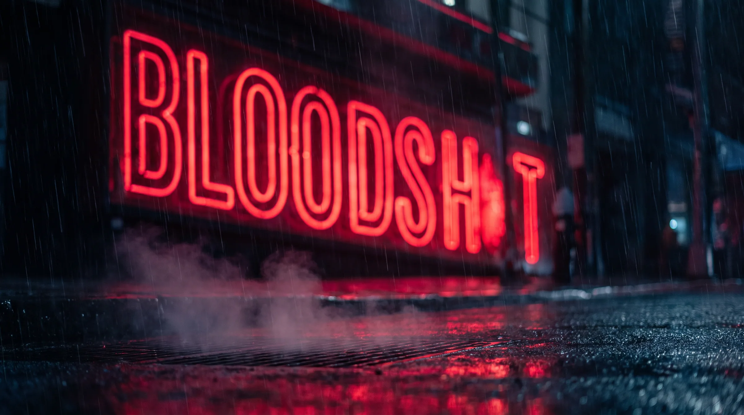 The bar's neon close up in the rain, one tube failing