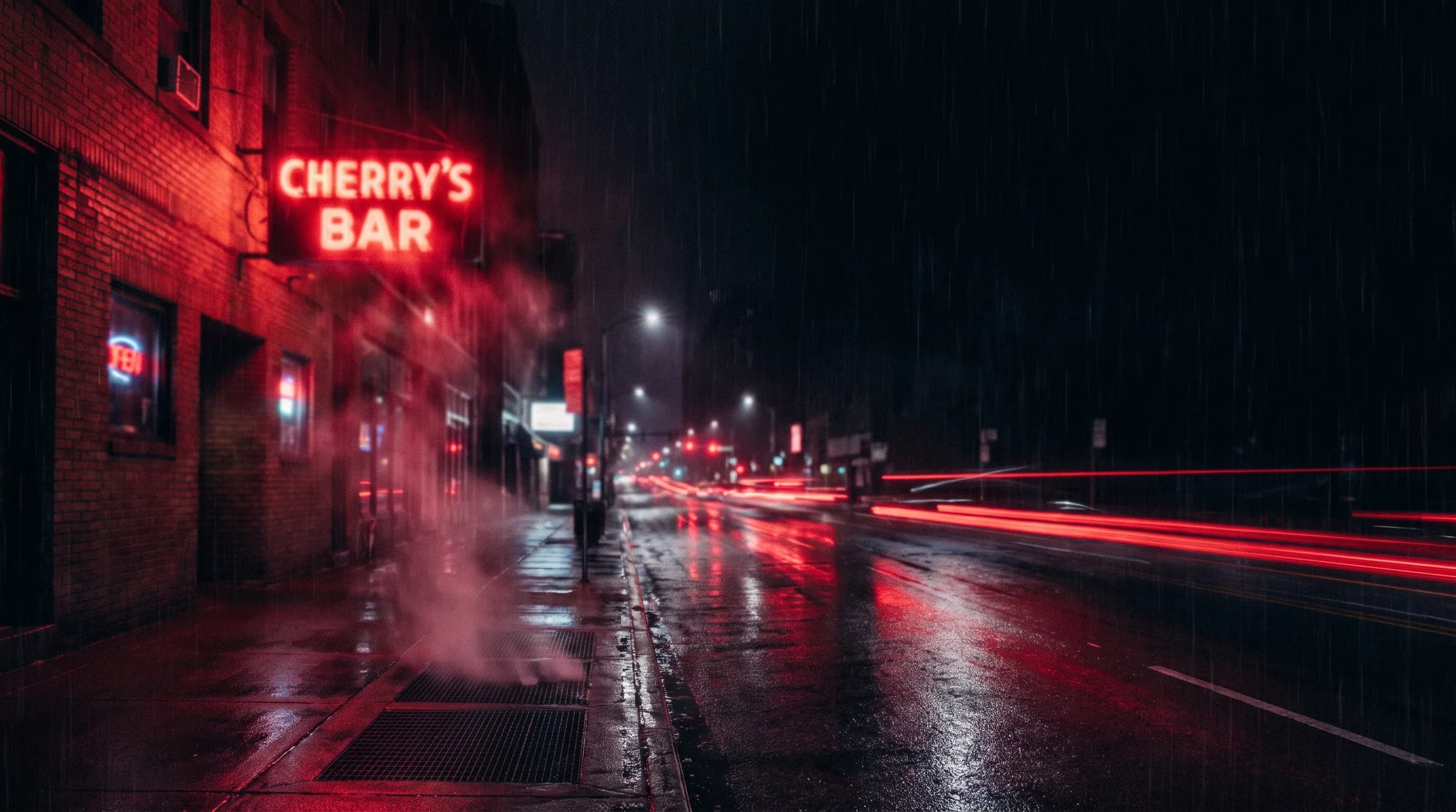 Tail lights streaking away down a wet street past a lit bar sign