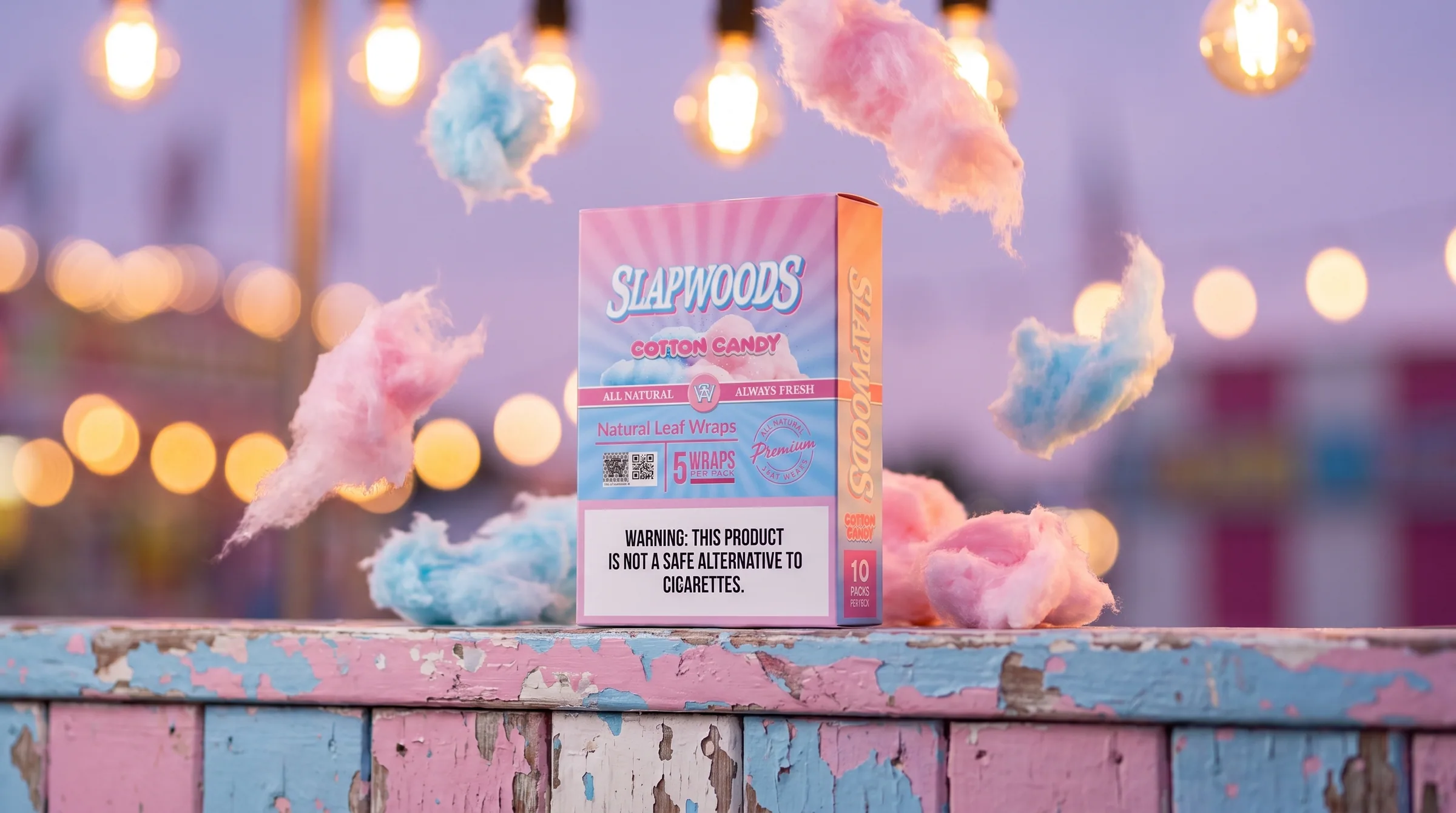 Slapwoods Cotton Candy wraps on a painted boardwalk rail, floss drifting past