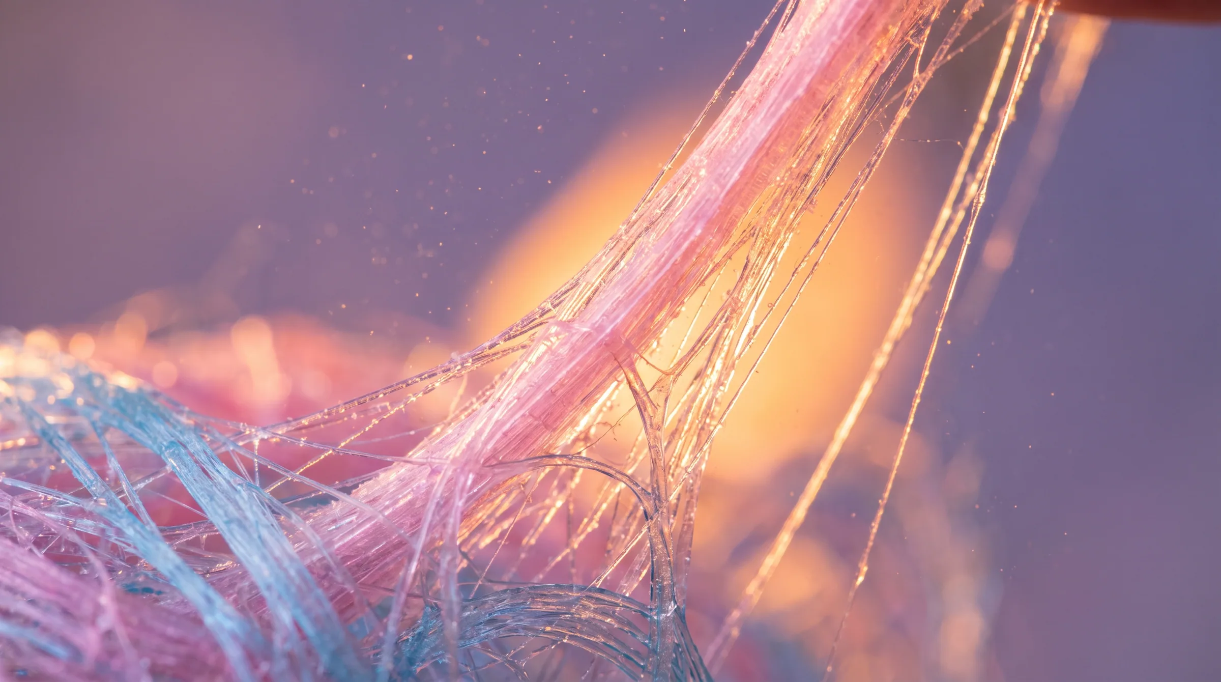 Spun sugar pulled into fine pink and blue threads
