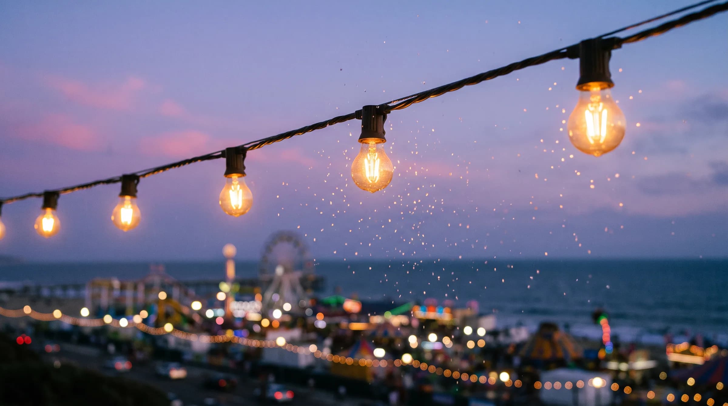 A string of bulbs over the pier with sugar dust catching the light
