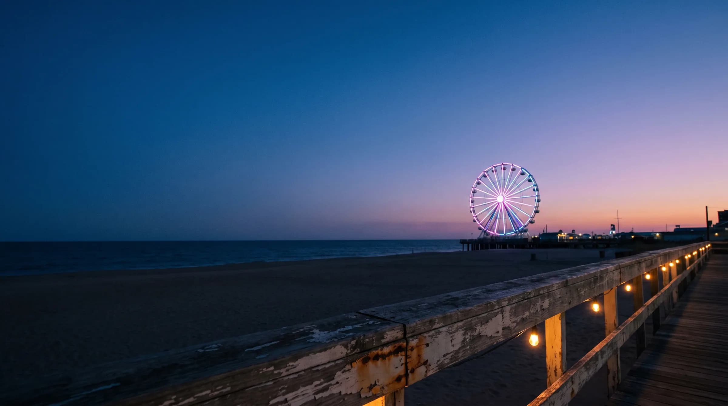 Blue hour over the beach, the wheel lit, the rail running out of frame