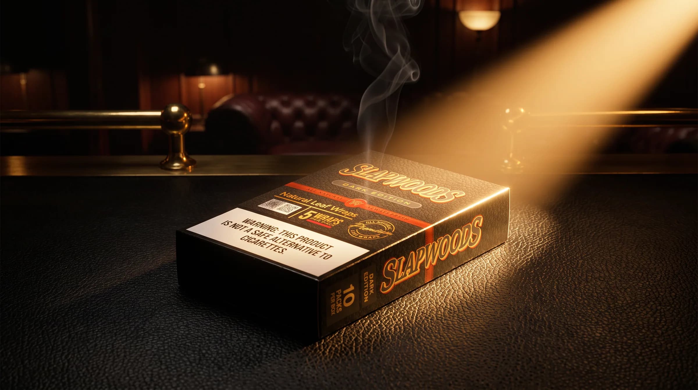 Slapwoods Dark Edition wraps on a leather bar top in a shaft of light