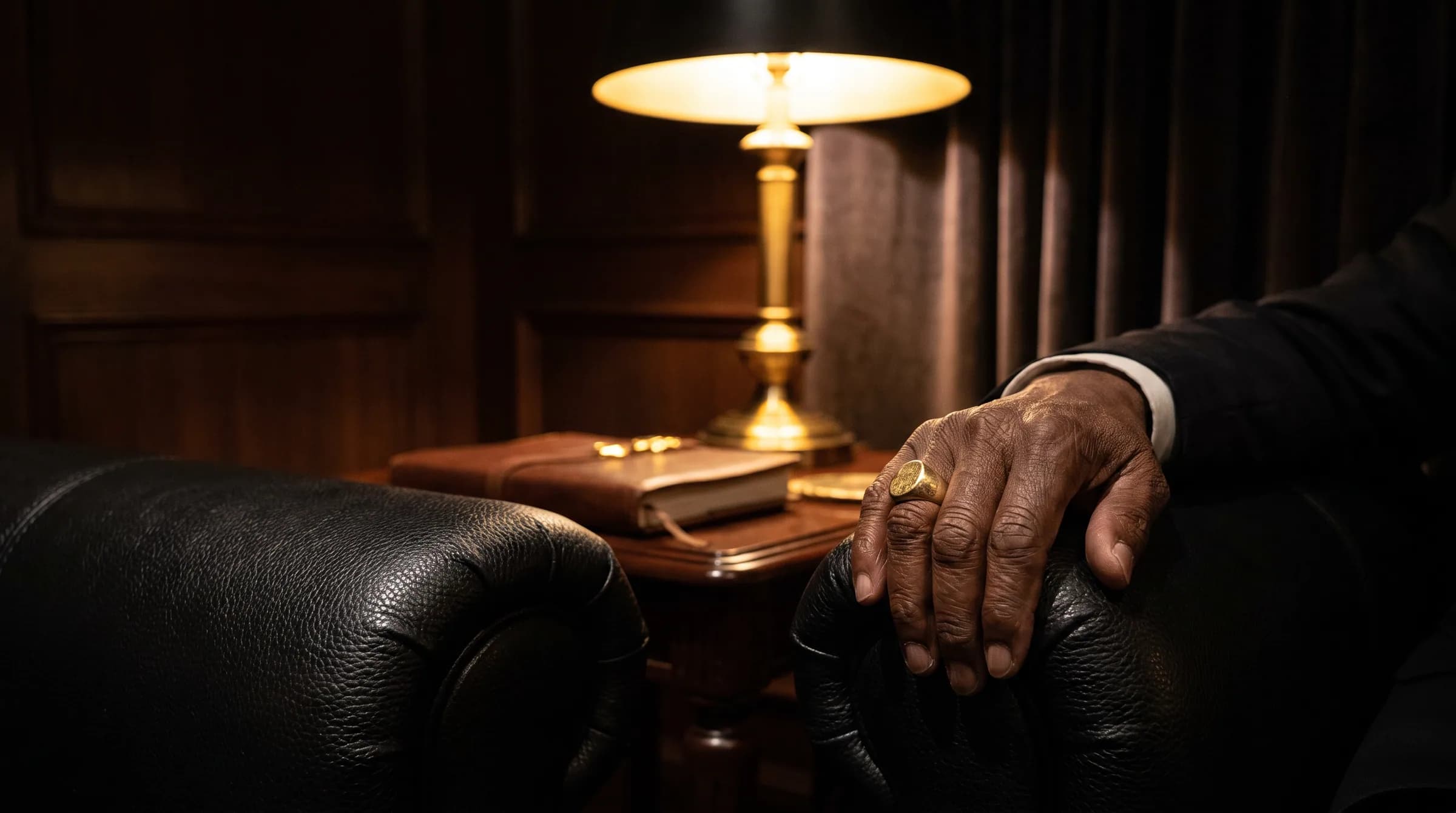 A hand with a signet ring resting on the arm of a leather chair