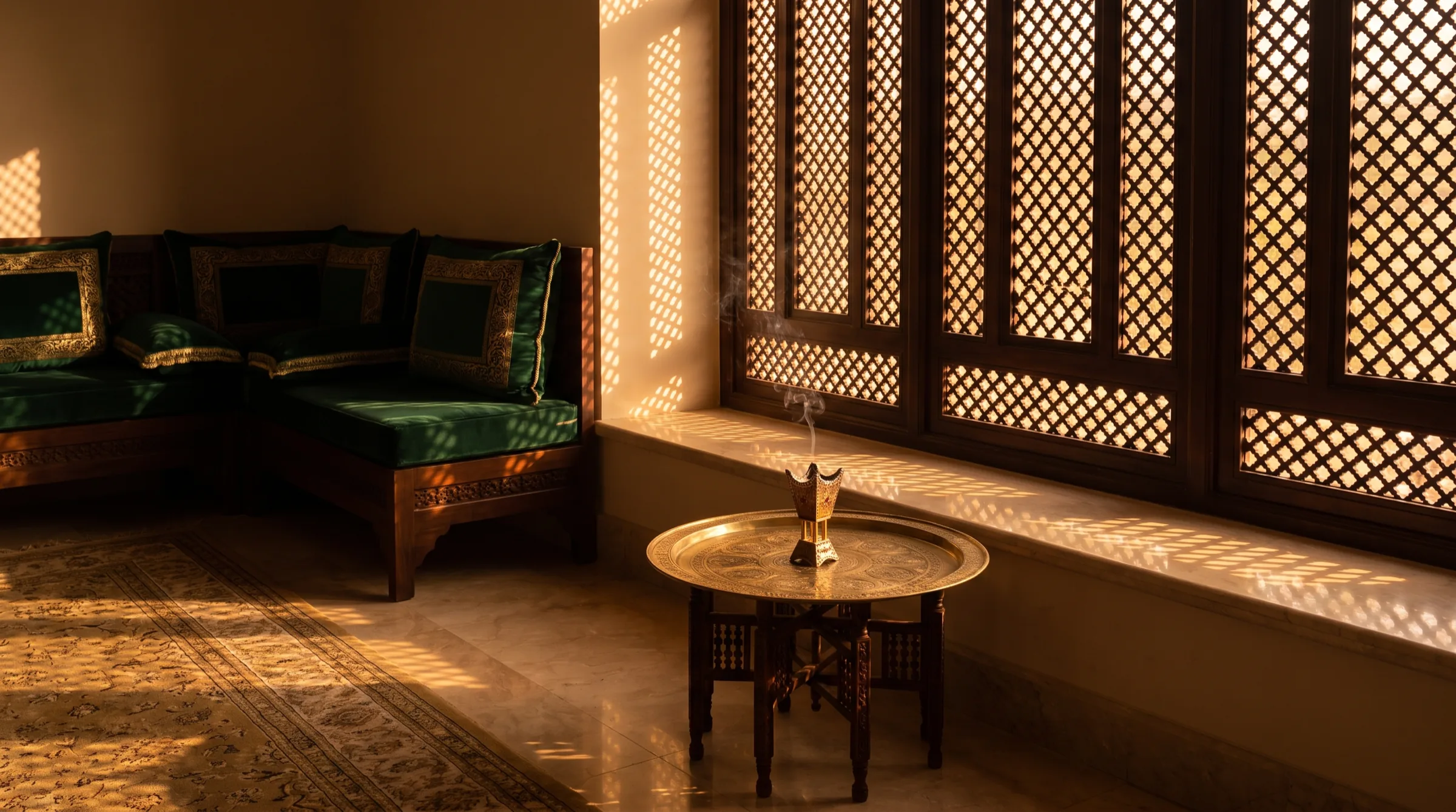 A quiet majlis at golden hour, lattice shadows across marble