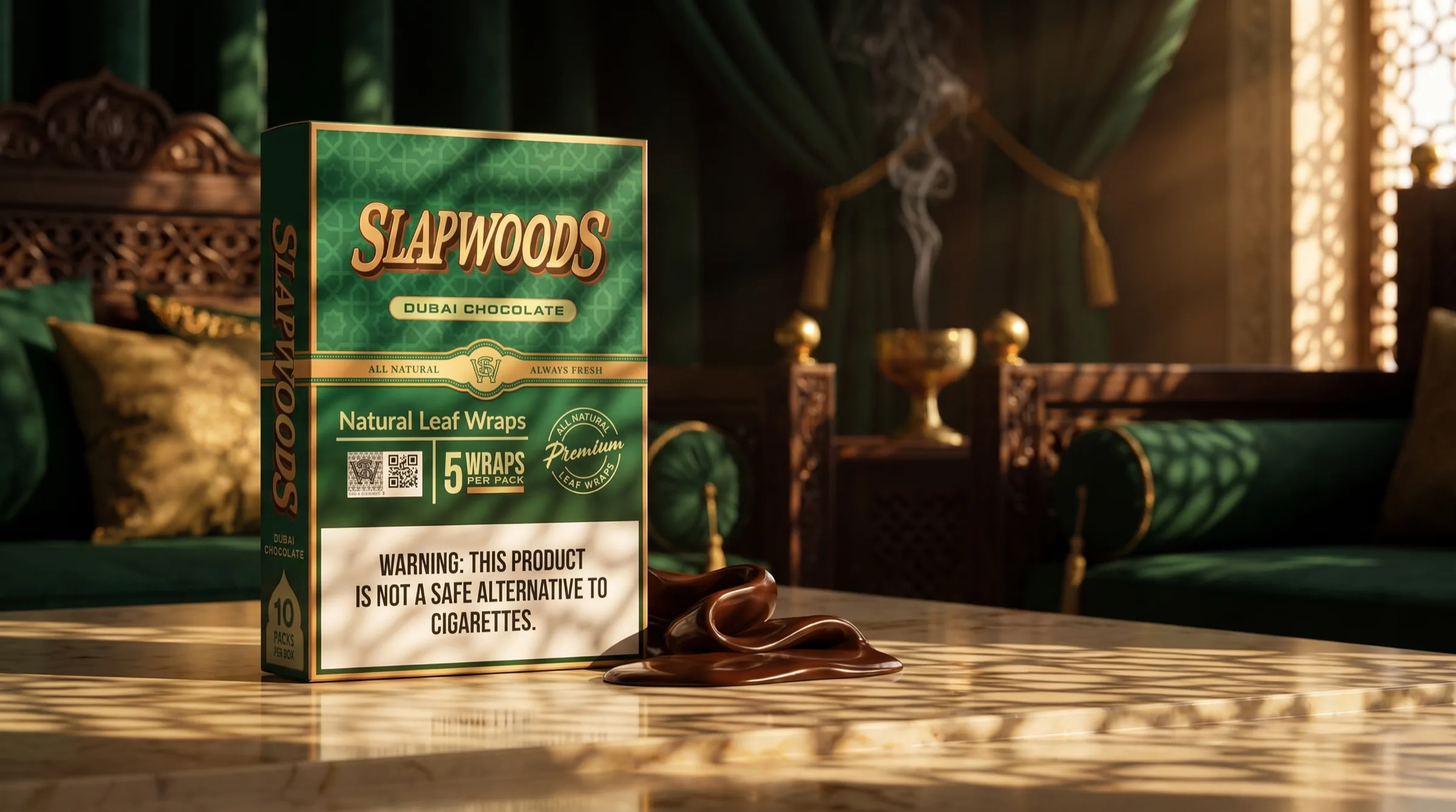 Slapwoods Dubai Chocolate wraps on marble beside a ribbon of chocolate