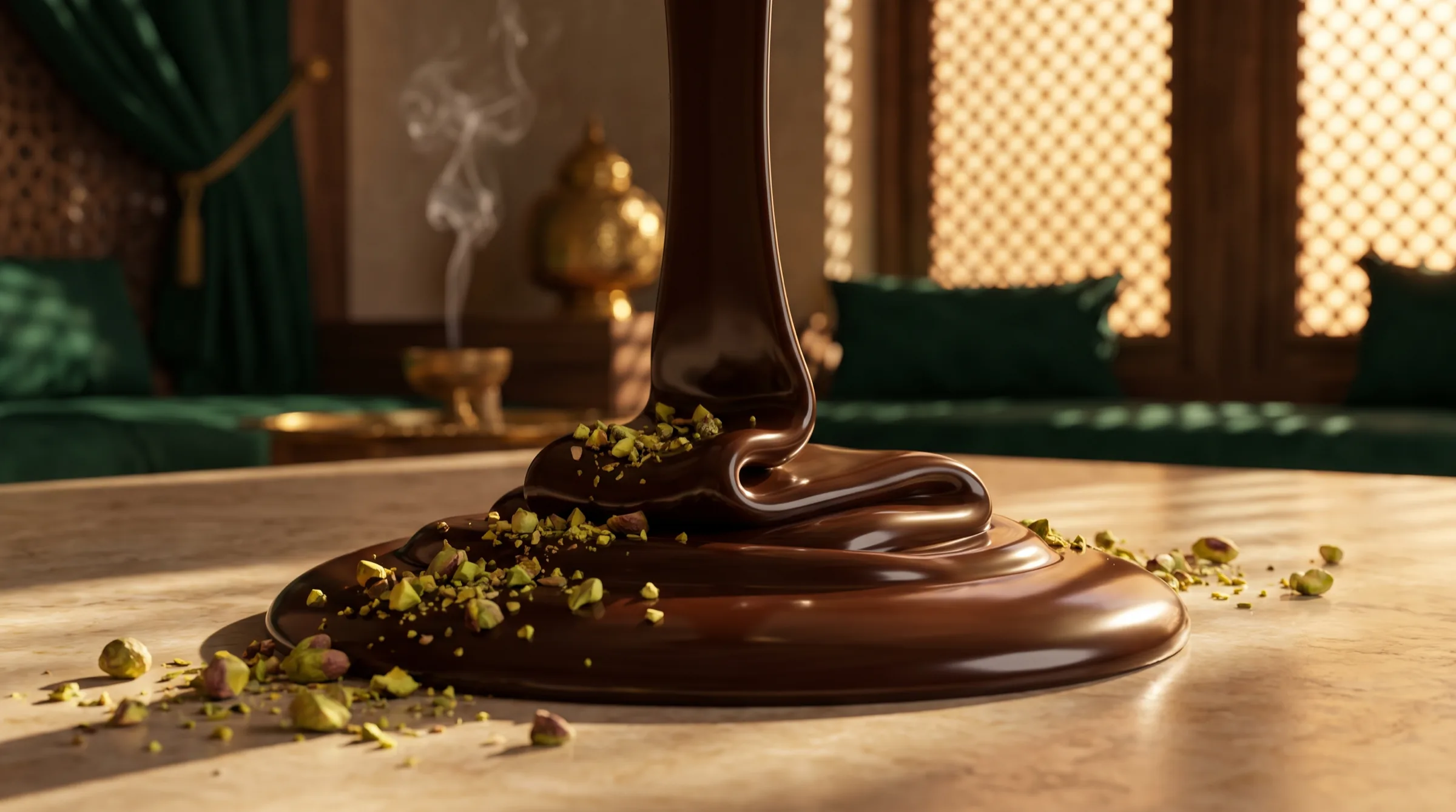 Molten dark chocolate and crushed pistachio