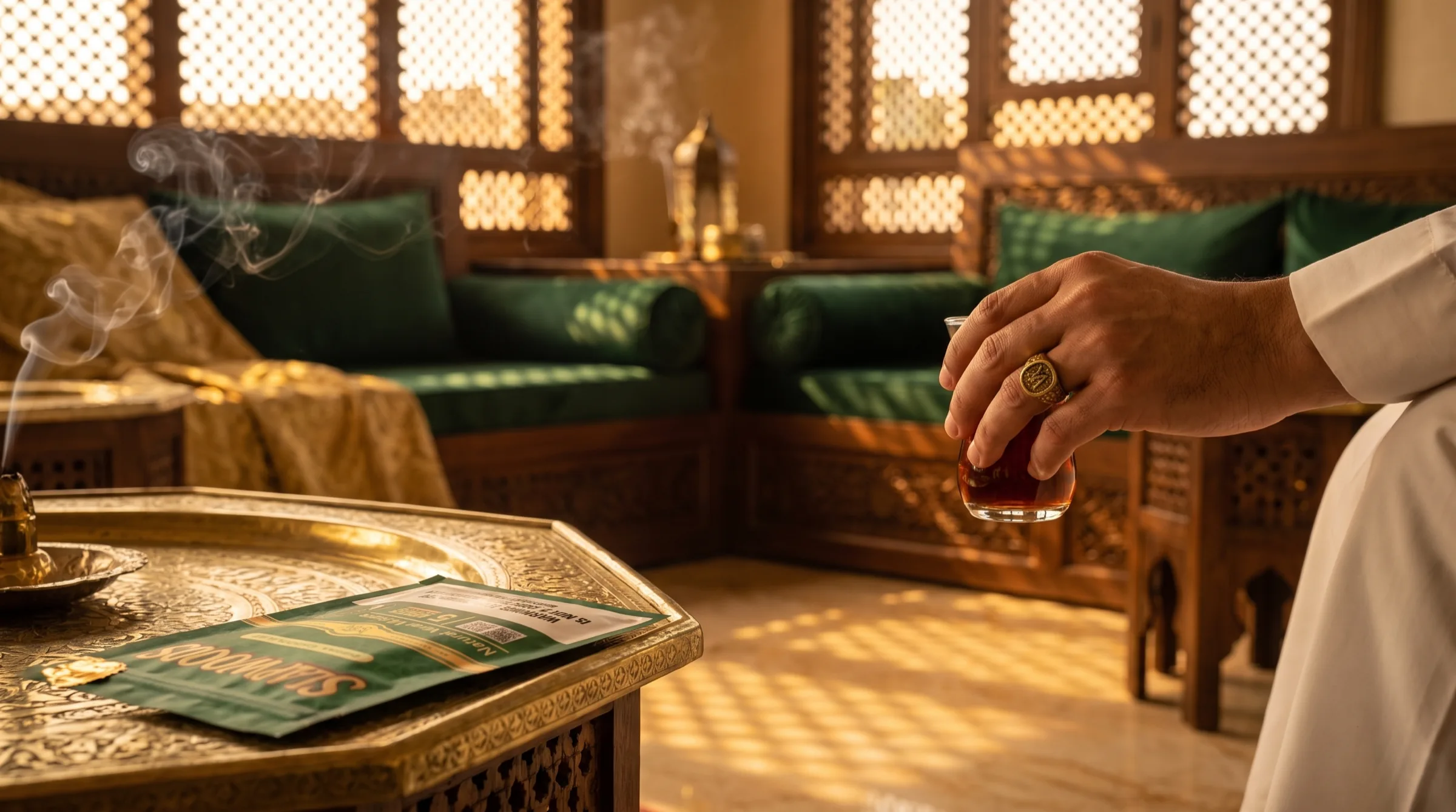 A hand lifting a glass of tea in a sunlit majlis