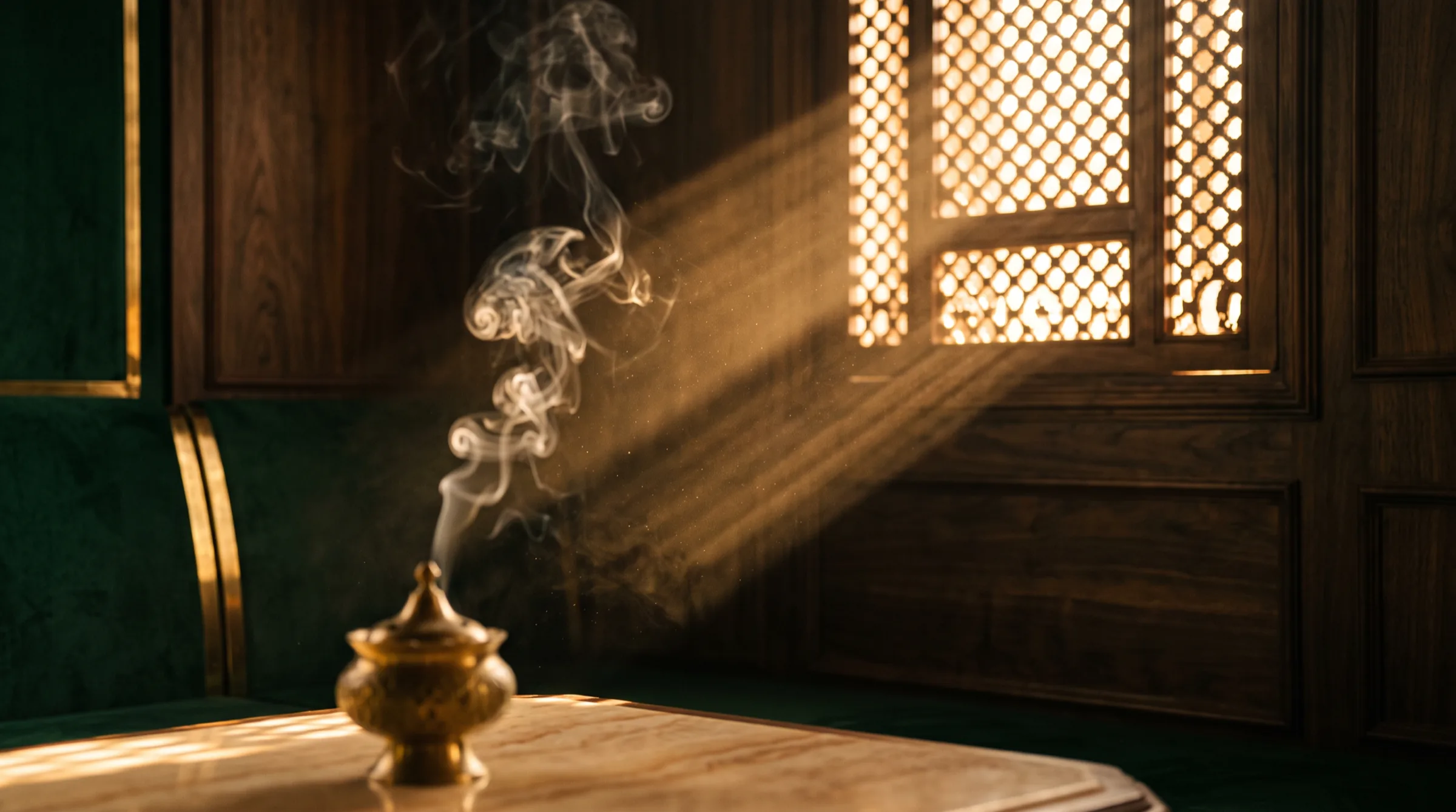 Incense smoke curling through a shaft of light