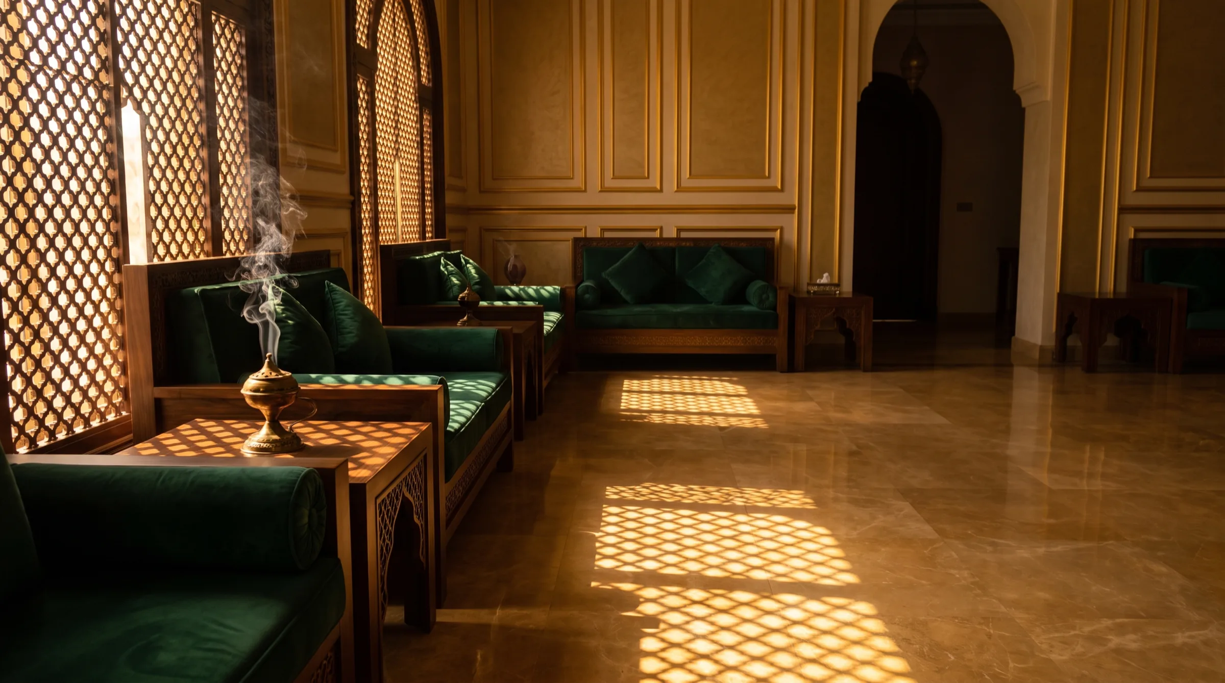 The majlis emptied, long lattice shadows across the floor