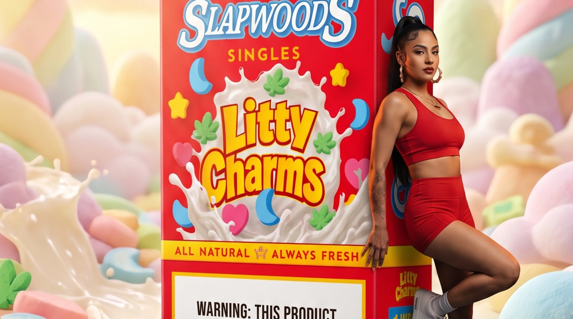 Slapwoods Litty Charms Singles box standing in a bowl of cereal marshmallows