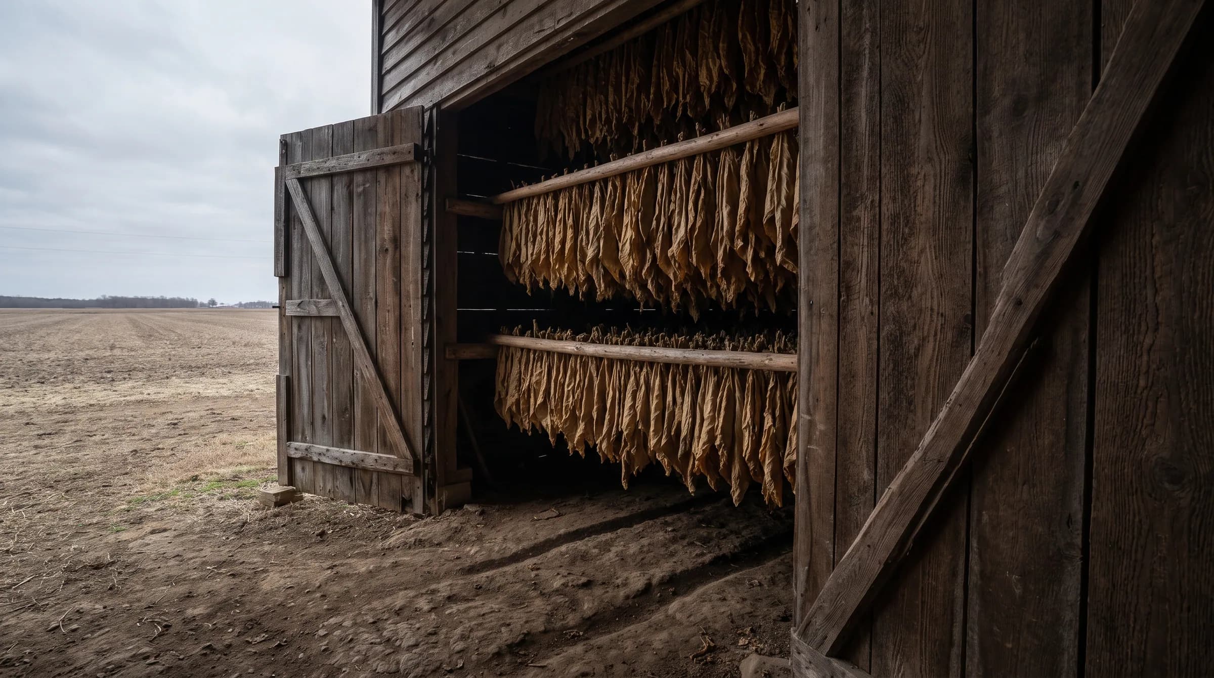 A curing barn from outside, doors open onto a bare winter field