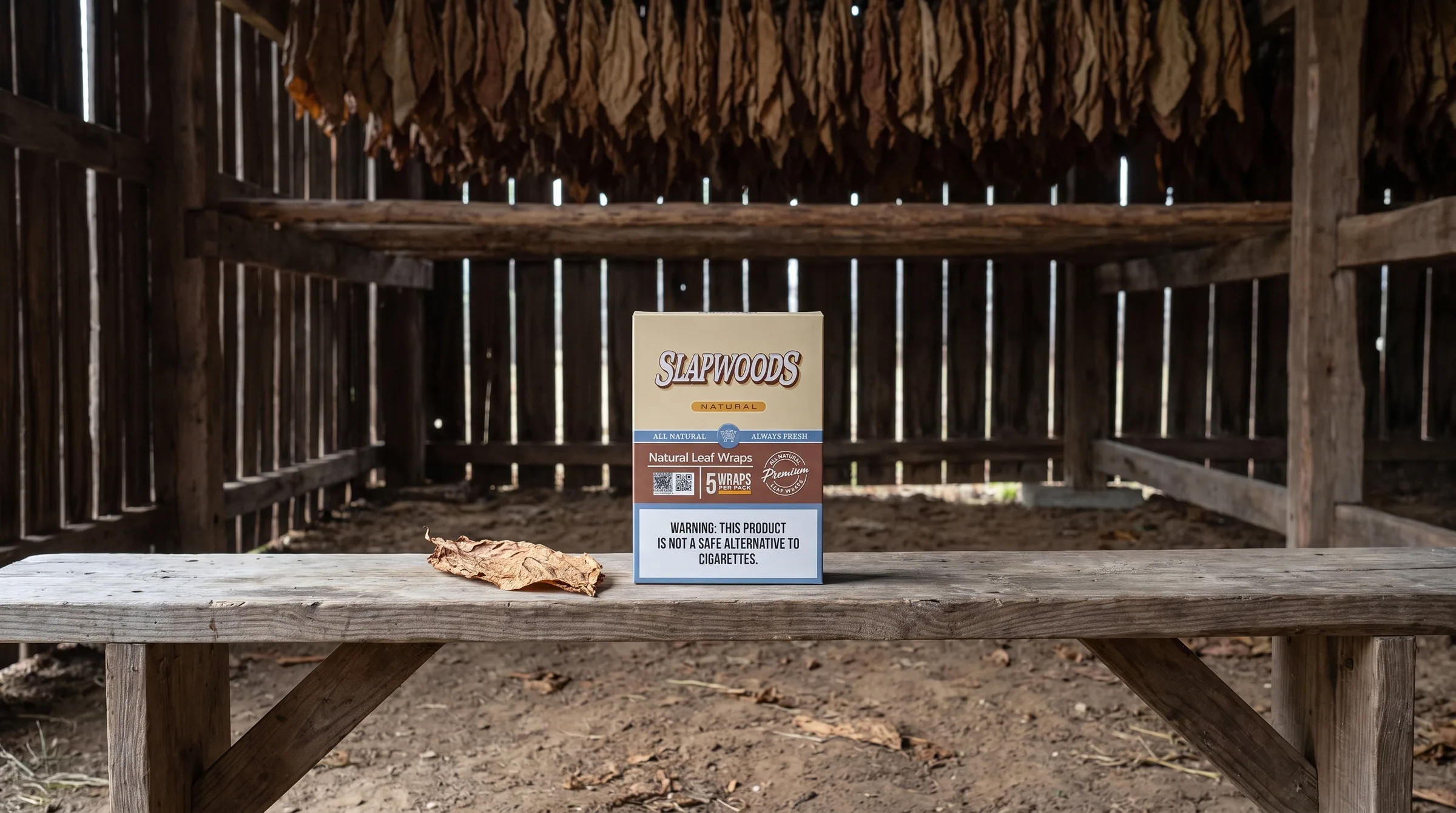 Slapwoods Natural wraps on a bench in front of hanging leaf