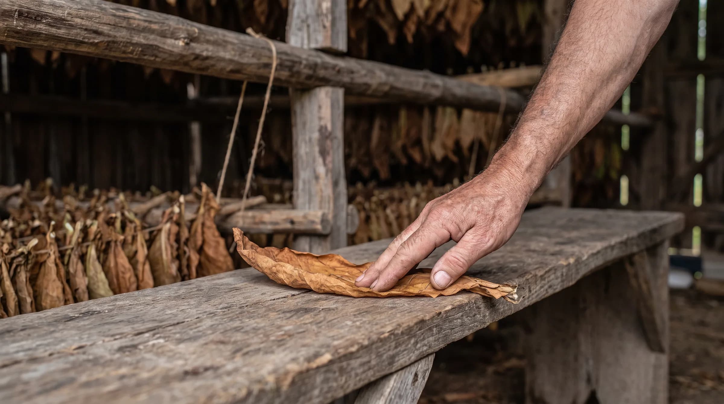 A weathered hand laying a leaf down on a barn bench