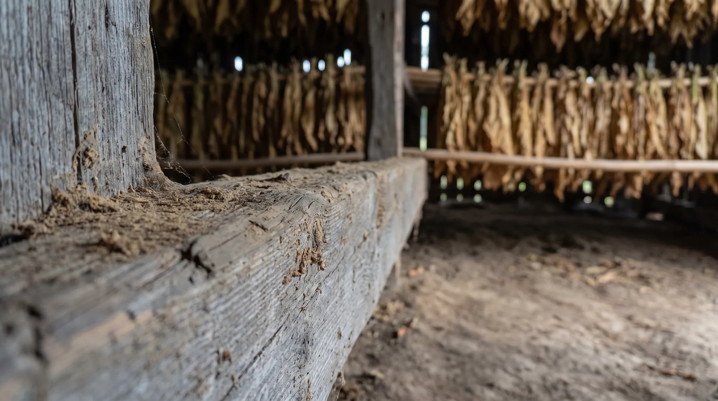 A worn barn beam with racks of leaf running back into the dark