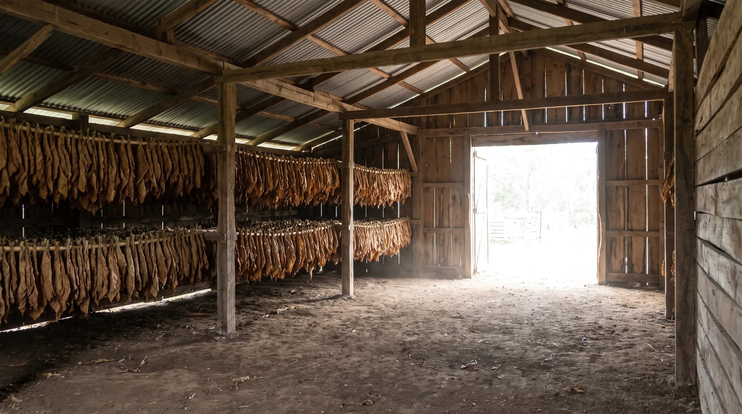 Inside the barn, racks either side and daylight at the far door