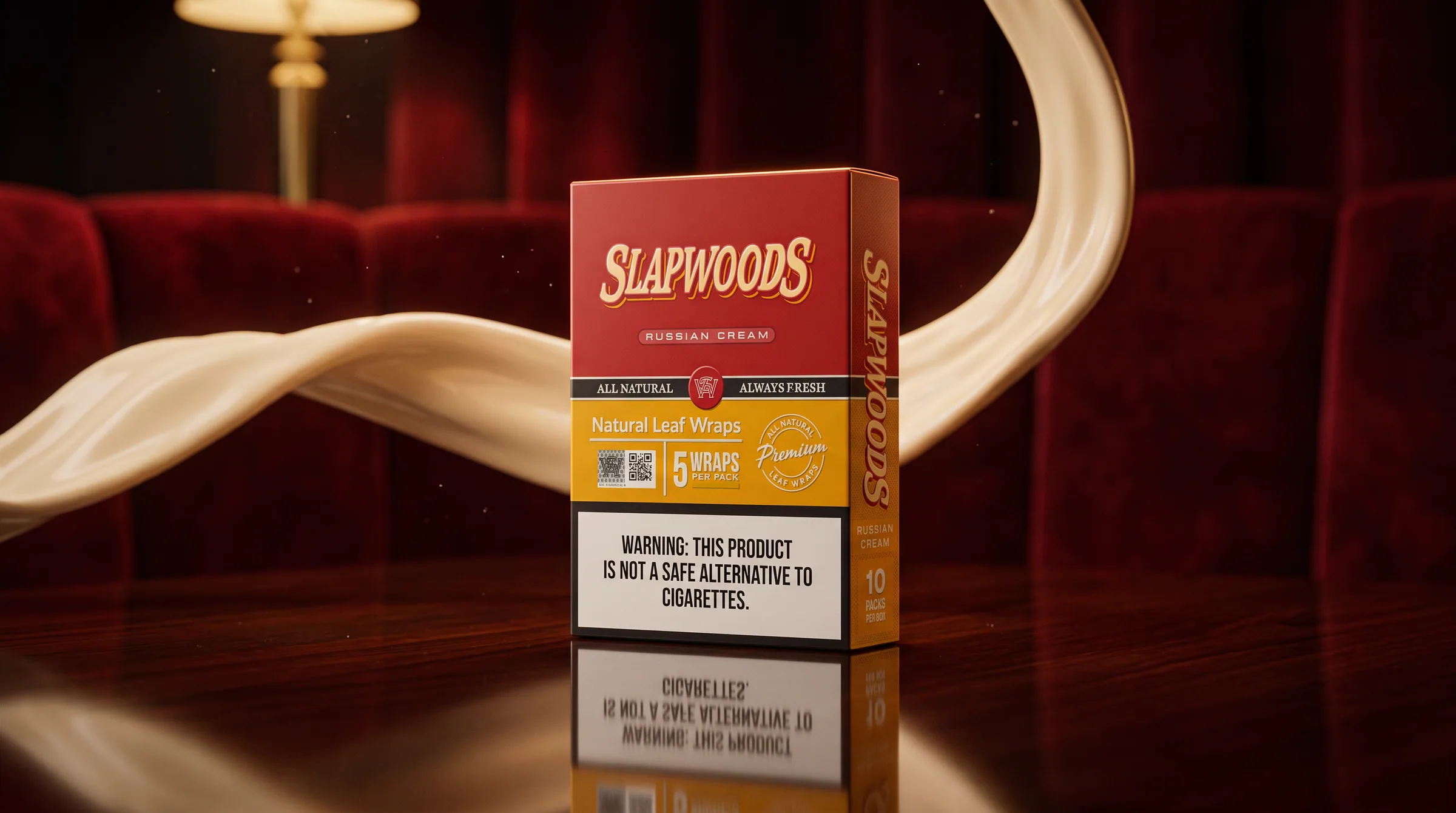 Slapwoods Russian Cream wraps on lacquered wood, a ribbon of cream behind