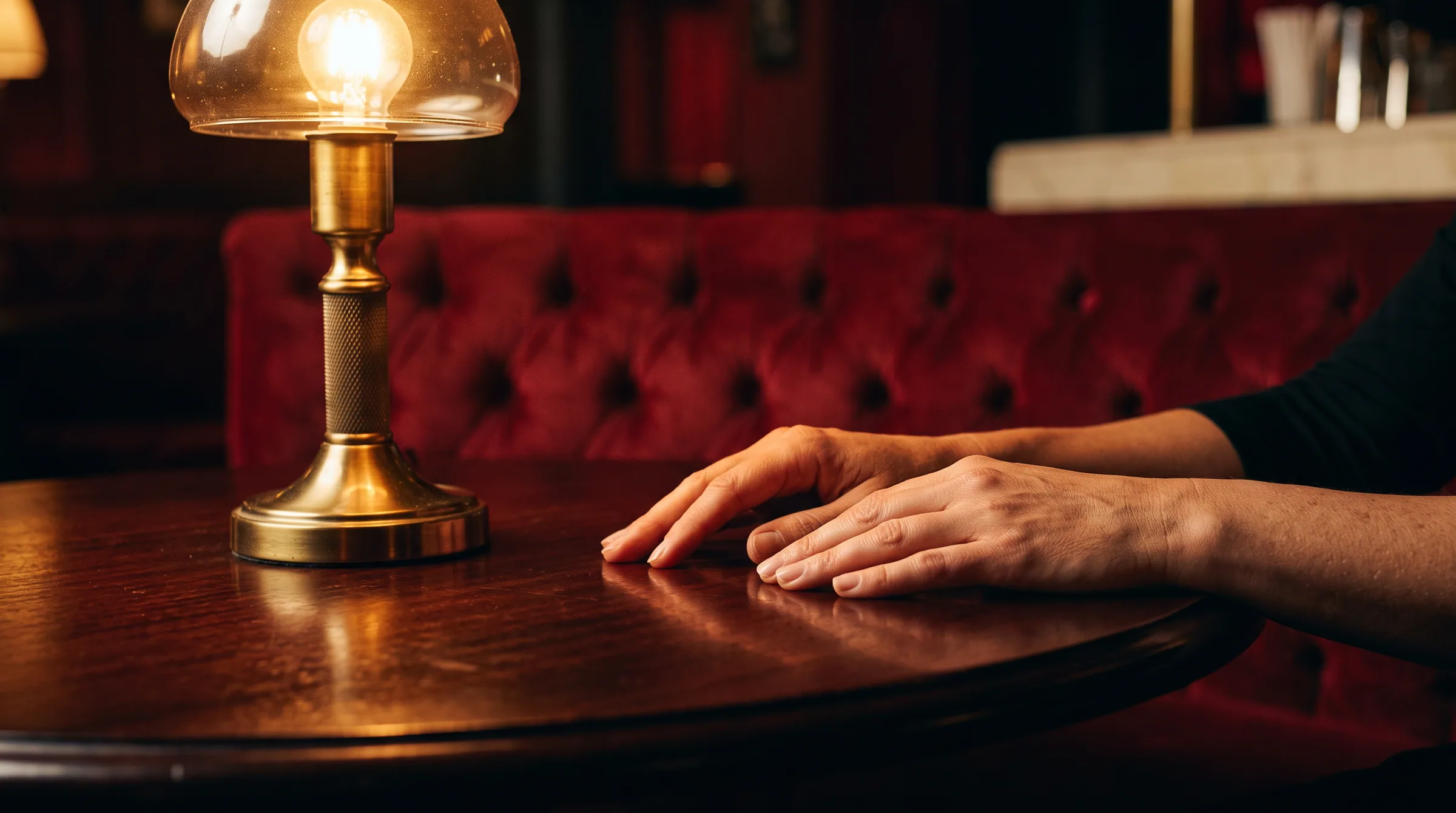 Hands resting on a table beside a lit brass lamp