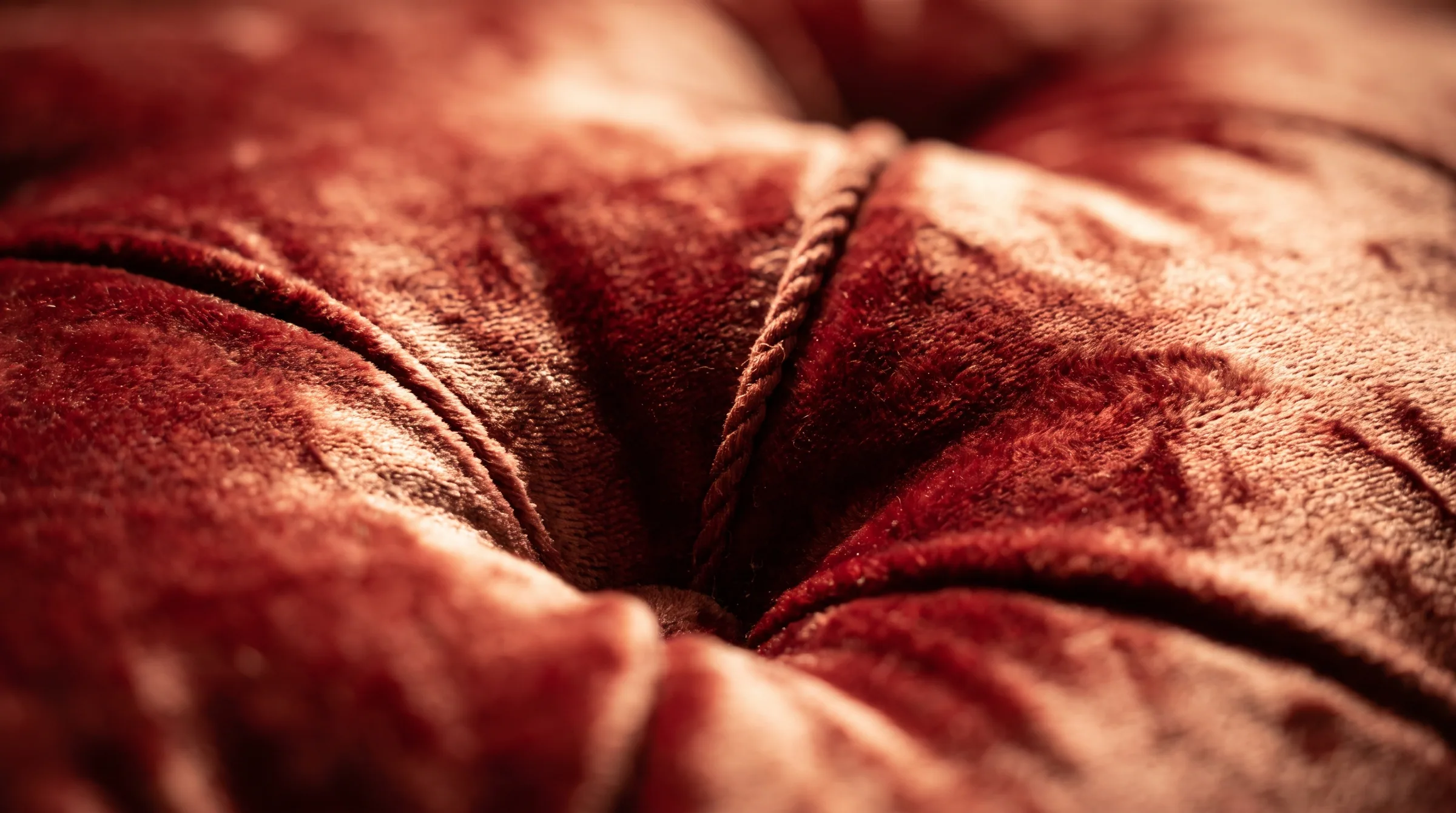 Deep red velvet and a tufting cord, close up