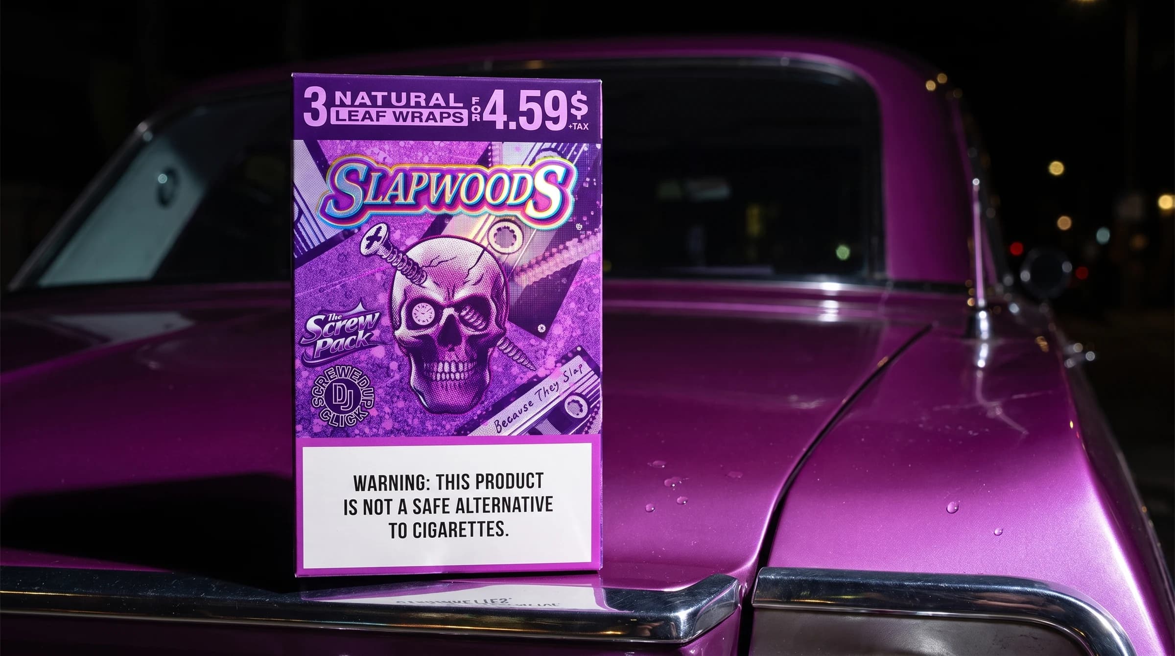 A Slapwoods Screw Pack box standing on the polished bodywork of a candy-purple car at night