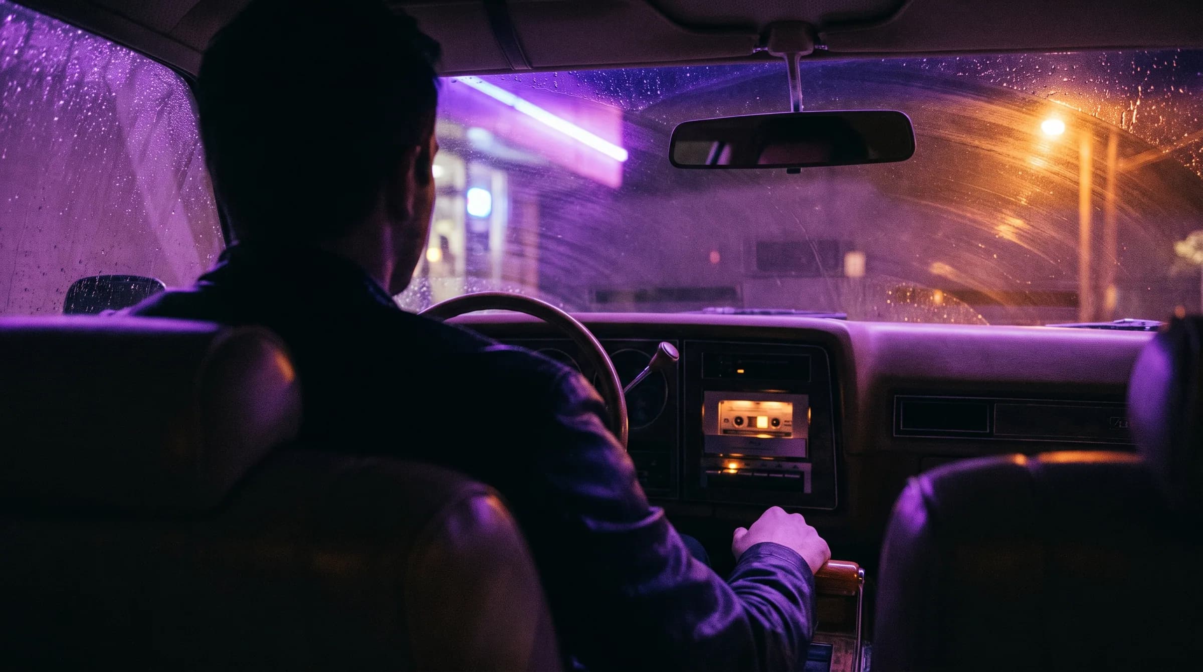 Inside a car at night, a cassette deck lit on the dash, rain on the glass