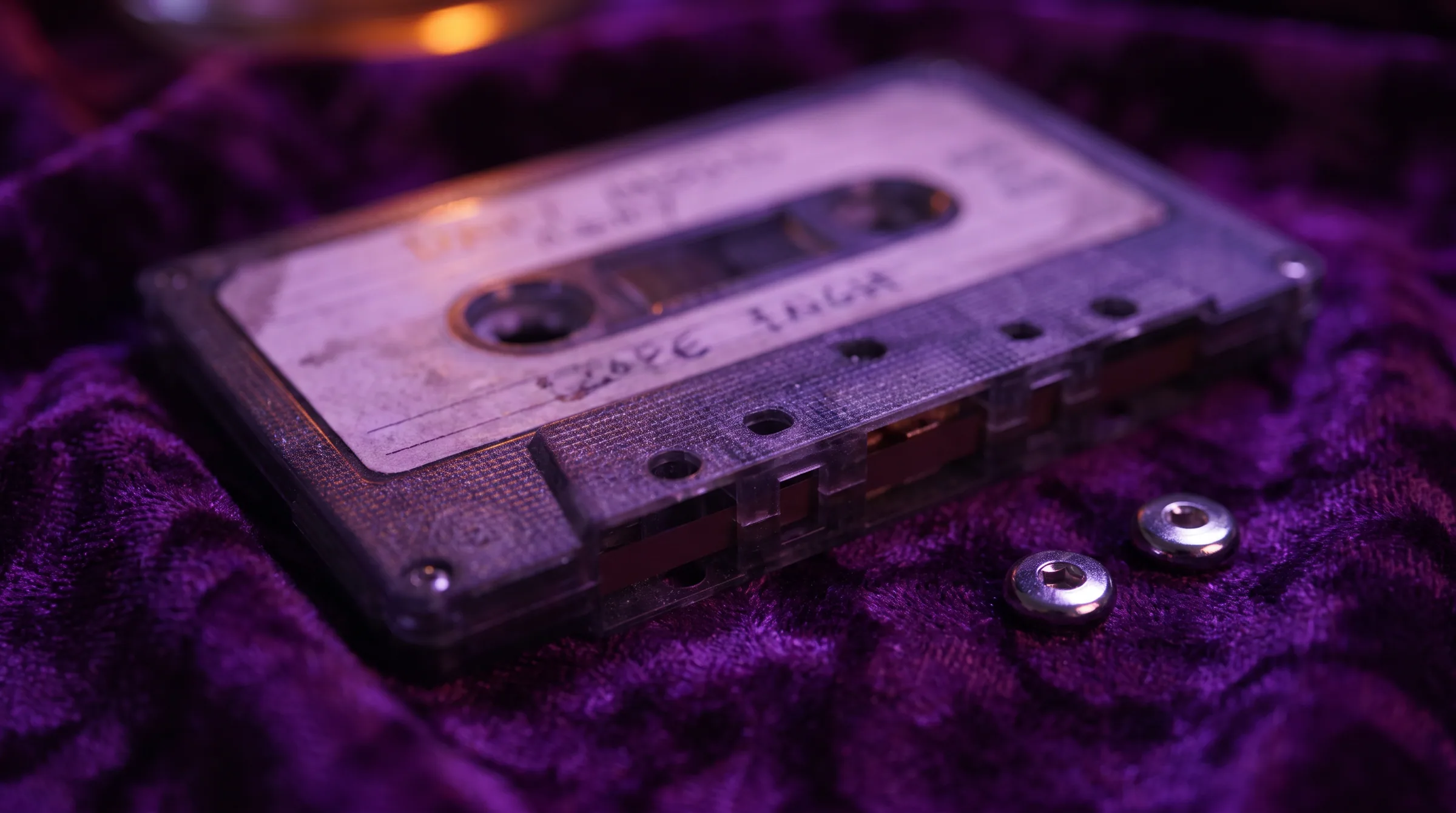 A worn cassette tape on purple velvet beside two chrome screw heads