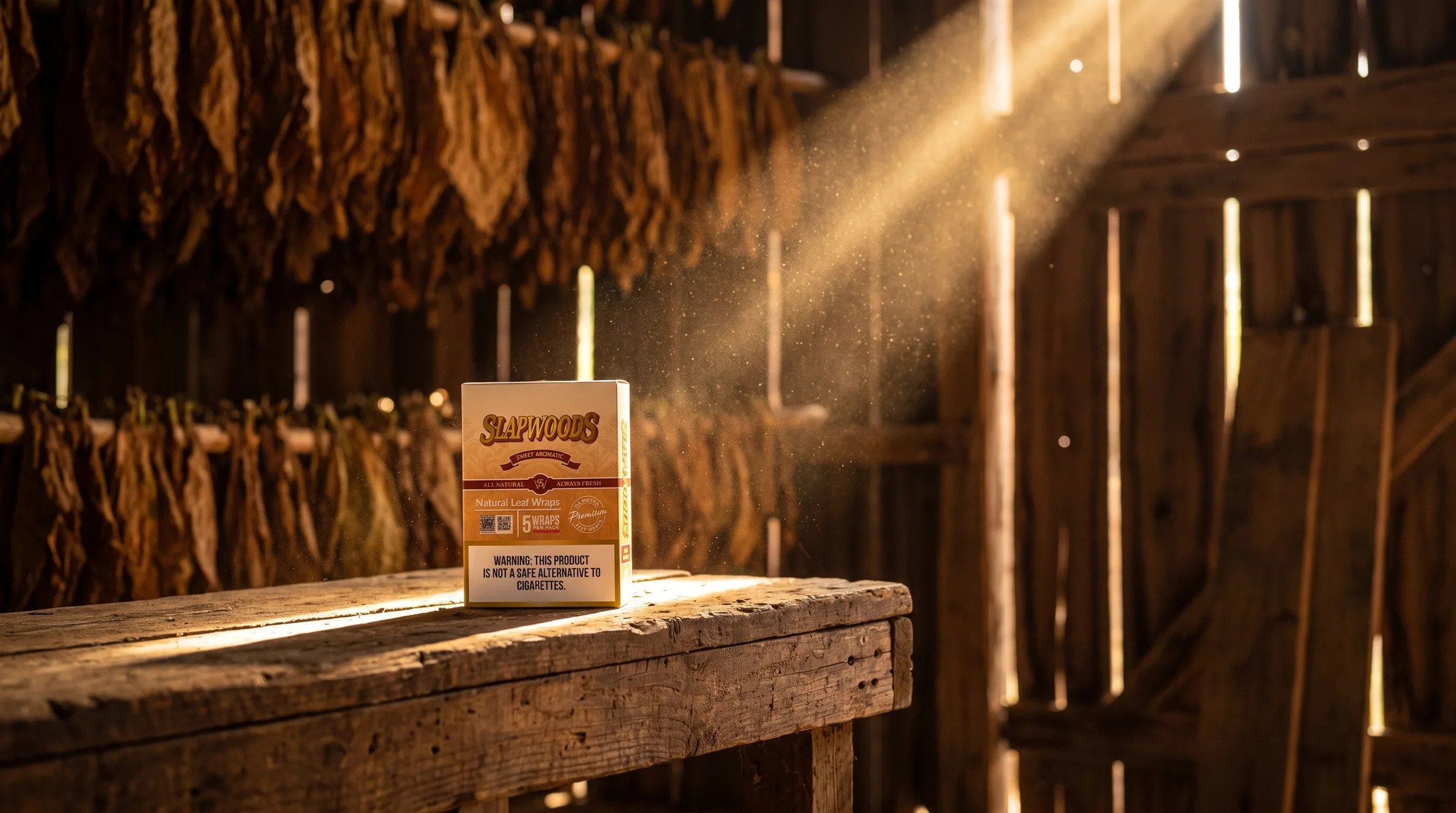 Slapwoods Sweet Aromatic wraps on a barn bench in a shaft of light