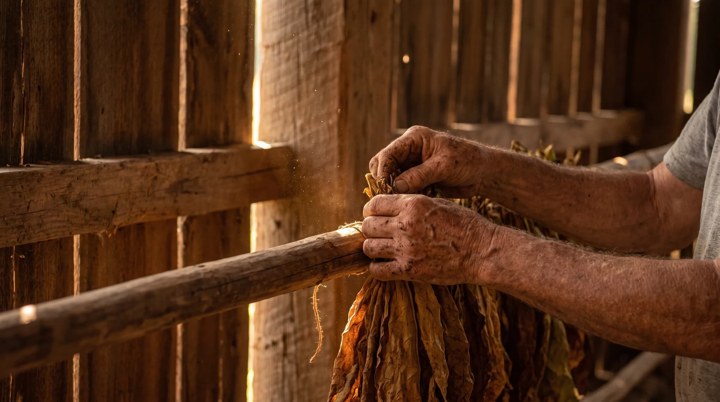 Weathered hands tying leaf onto a curing stick