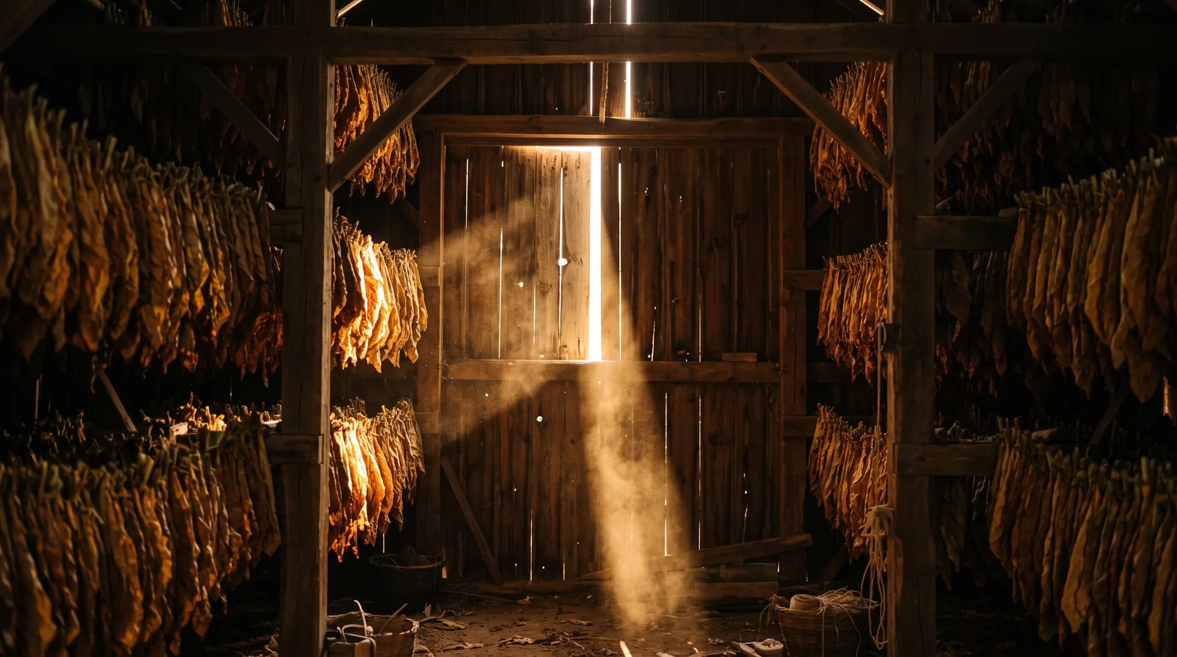 The far door of the barn with a single shaft of light and dust