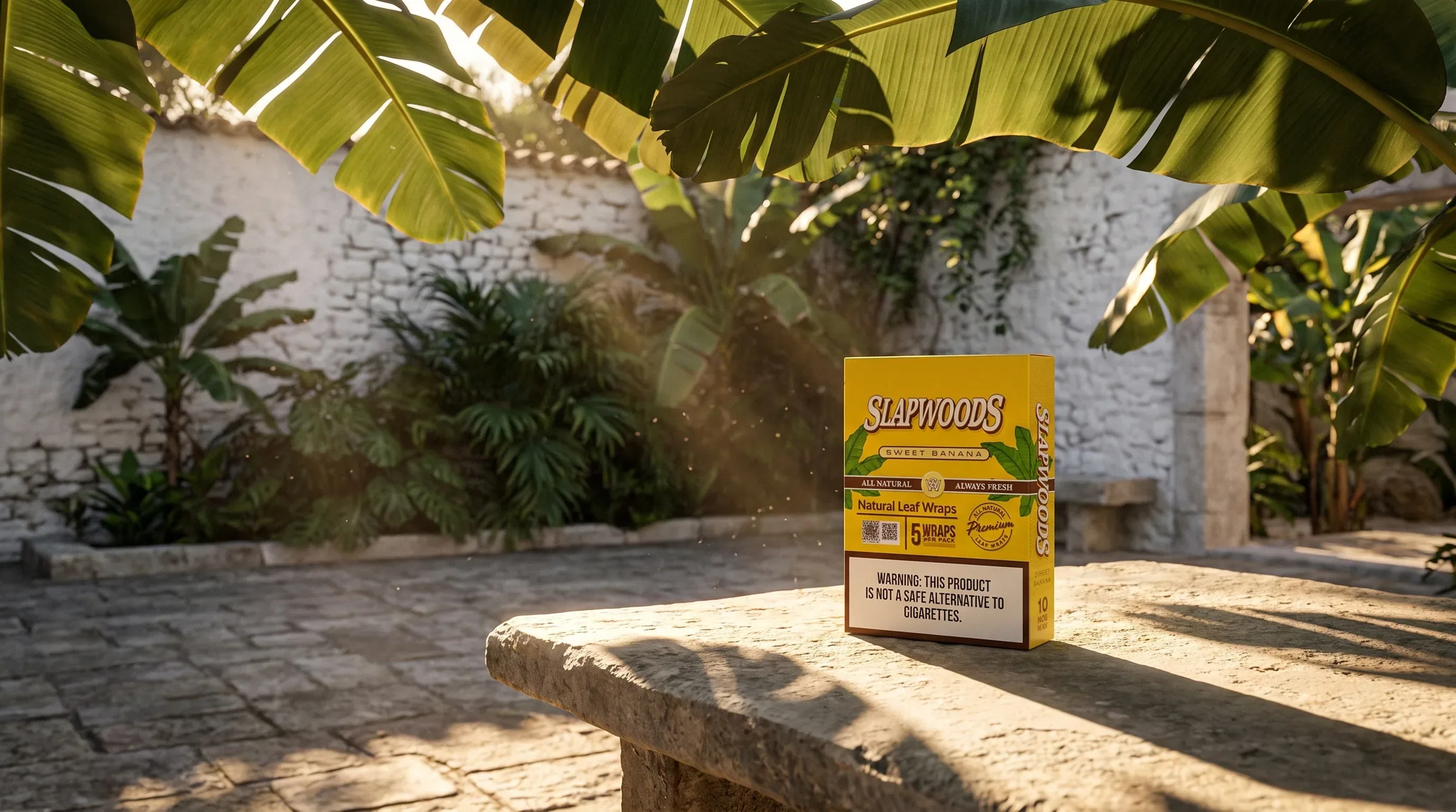 A wide sunlit courtyard, the pack sitting on a stone bench