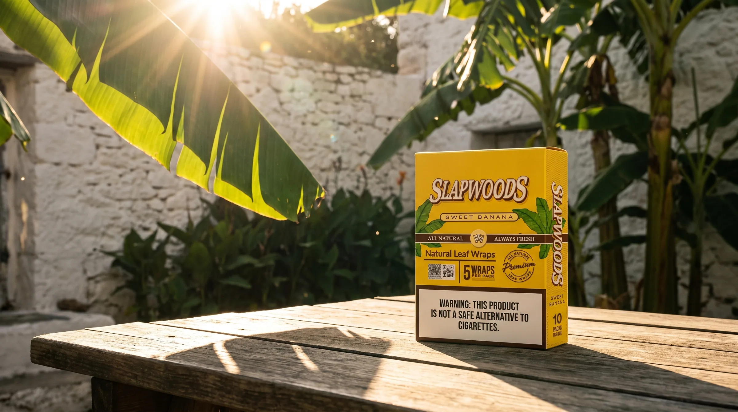 Slapwoods Sweet Banana wraps on a wooden table, sun through a banana leaf