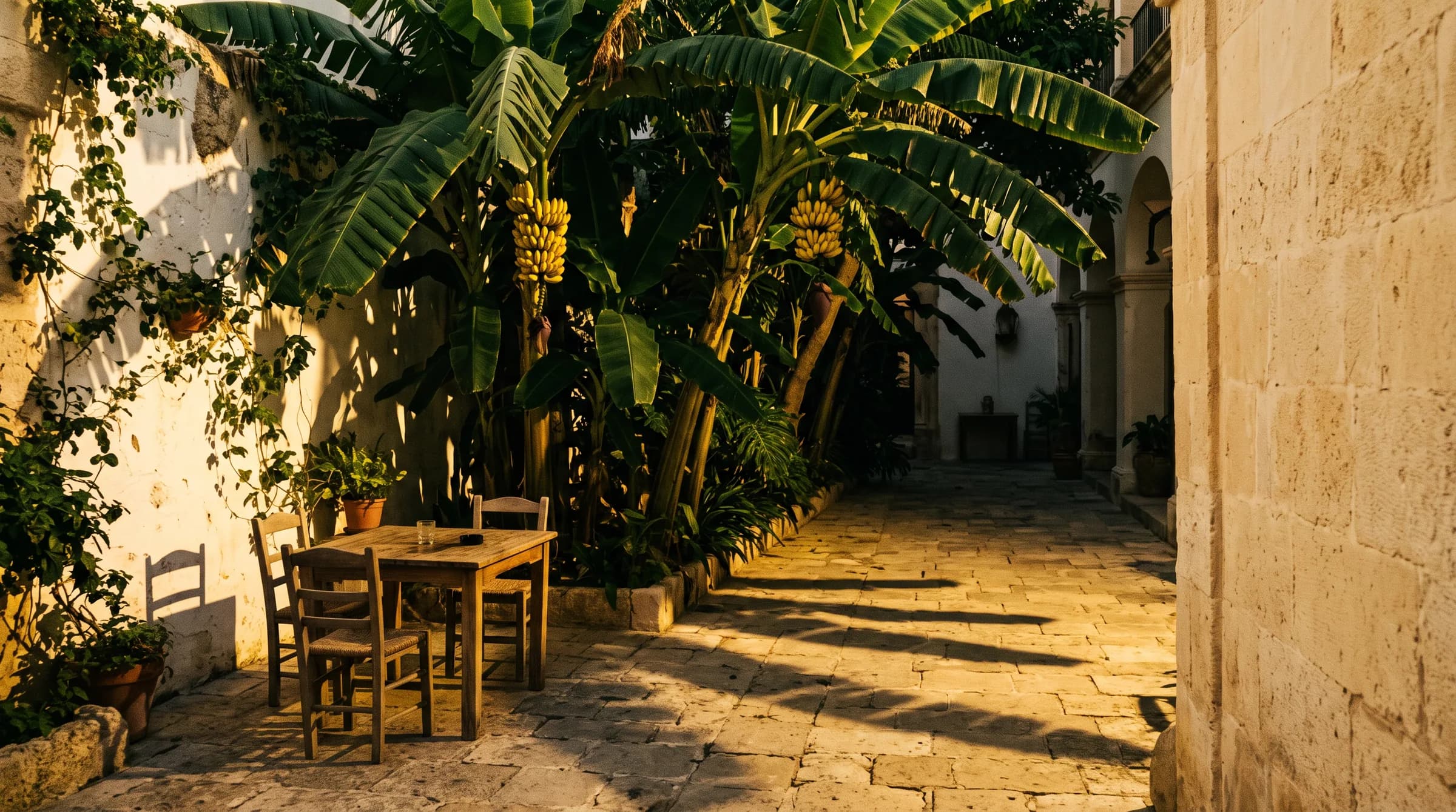 Bananas ripening above a small courtyard table