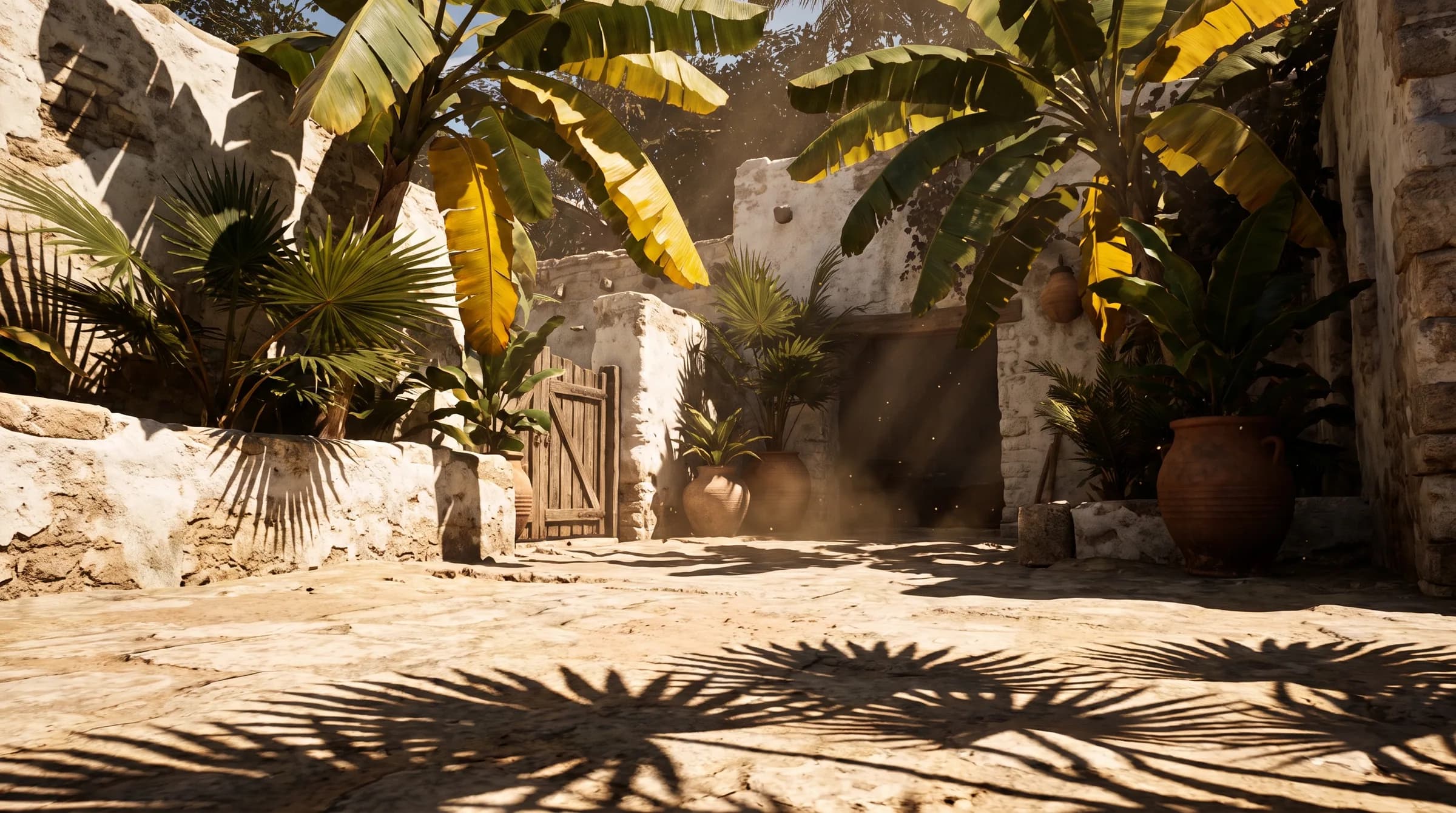 The courtyard empty, palm shadows long across the flagstones